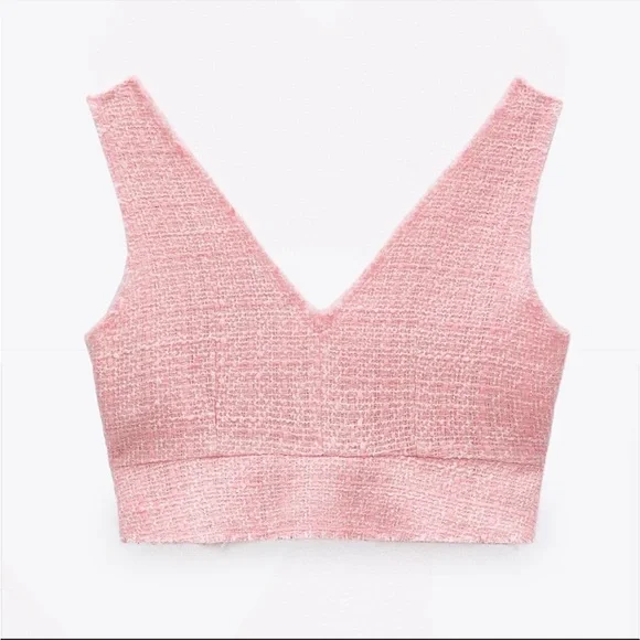 Zara TWEED TEXTURED CROP TOP V-neck w/Frayed Trim - Picture 7 of 11